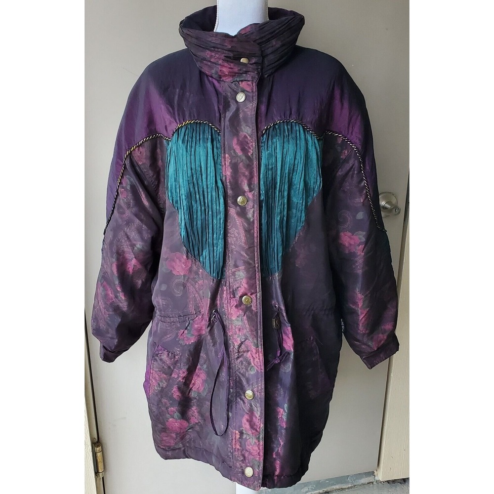 Izzi Vintage 90s Parka Jacket Womens Large Purple Teal Red Floral Pockets Ladies